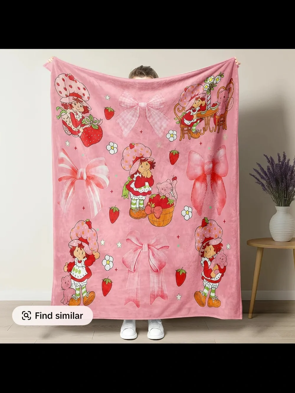 Pink Strawberry Shortcake Bow Plush Throw Blanket